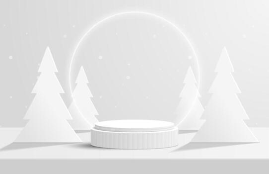Abstract white 3D cylinder podium pedestal on desk table with christmas tree, glowing neon ring and snow. Platform for product display presentation or promotion day. Merry Christmas Happy New Year vector