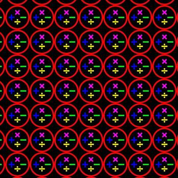 sin costura modelo de cuatro básico matemático operación símbolos arreglado dentro rojo circular fronteras en negro antecedentes ilustración vector