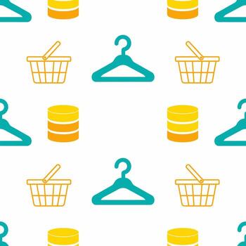 Repeating Pattern of Shopping Elements - Hangers, Baskets, and Coins. vector