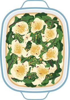 A square dish with spinach and cheese on it vector