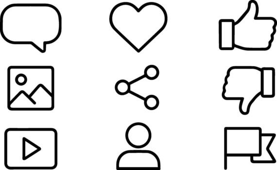 Comprehensive Social Media and UI Line Icon Set Graphics for Communication Engagement Sharing Multimedia vector