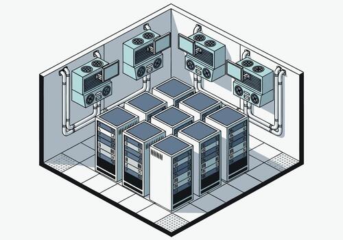 Isometric illustration of a data center with server racks and cooling units - Technology concept vector