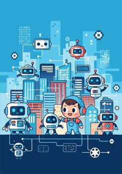 A robot and a city with robots and robots vector
