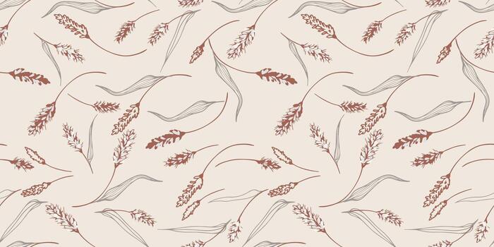 Seamless pattern with delicate wheat stems and curved leaves in warm terracotta and gray tones on a beige background. Elegant botanical design for fabrics and packaging vector