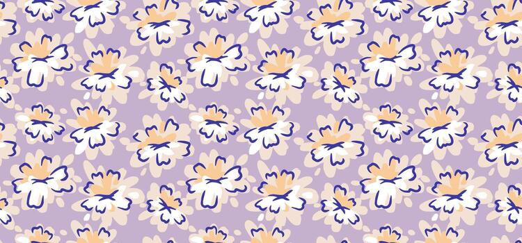 Seamless pattern with abstract white and beige flowers outlined in navy on a soft lavender background. Elegant modern floral design for textiles, wrapping, and decor vector