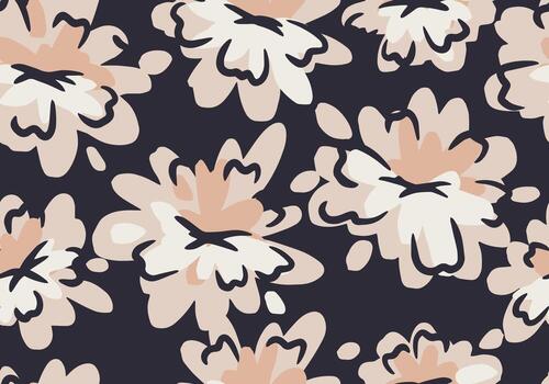 Seamless pattern with beige and white abstract flowers outlined in black on a dark background. Elegant modern floral design for fabric, fashion, and surface prints vector