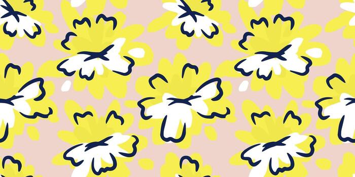 Seamless pattern with bold abstract yellow and white flowers outlined in navy on a soft beige background. Modern floral design for fabric, wrapping paper, and decor vector