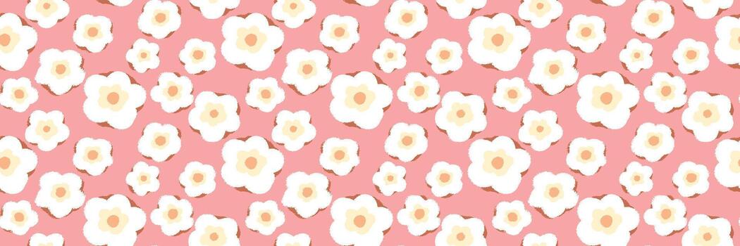 Seamless pattern with simple white flowers and soft beige centers on a pink background. Retro floral design for textile prints, wrapping paper, and home decor vector