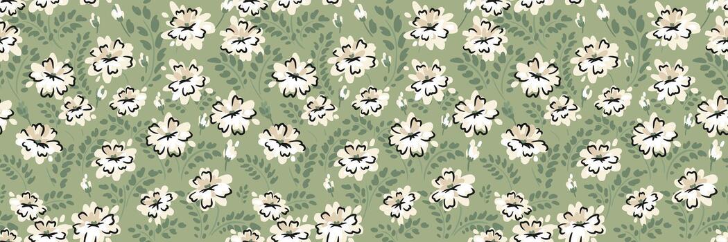 Seamless pattern with cream floral blooms and leafy branches on a soft sage green background. Elegant botanical design for textiles, wrapping, and home decor vector