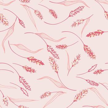 Seamless pattern with elegant wheat stems and leaves in soft pink and peach tones on a pale blush background. Gentle botanical design for textiles, decor, and packaging vector