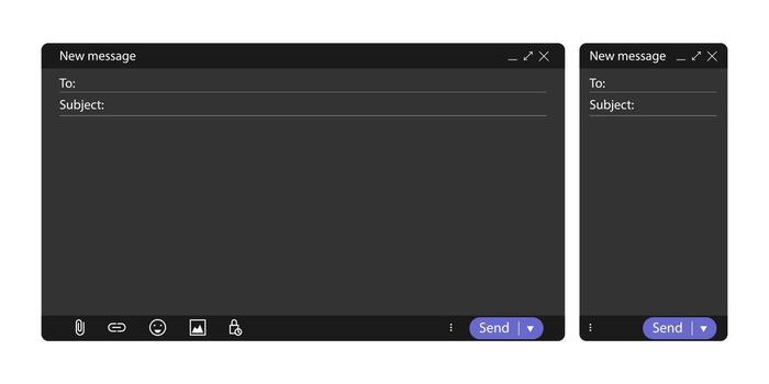 Online mail interface window. Blank email message screen template with subject field and send button. Modern flat ui layout for website or app. concept of internet communication design vector