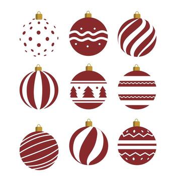 Nine christmas balls with ornaments display different patterns in shades of red and white on a white surface illustration vector