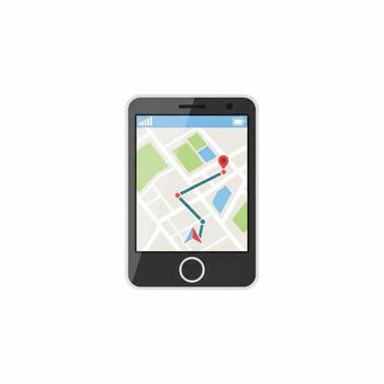 Smartphone displaying a GPS navigation map with a marked route and destination. vector