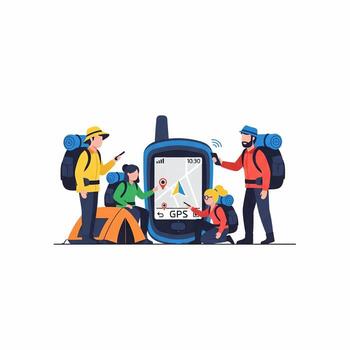 Group of Hikers Using GPS Device for Navigation vector