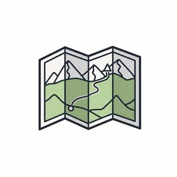 Folded map with a winding path through mountains and green landscapes, indicating a journey or exploration. vector