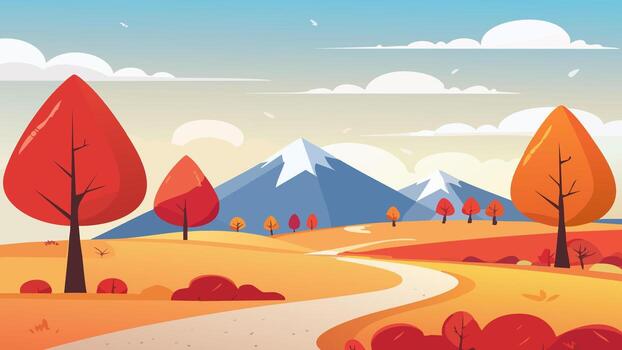 Autumn Landscape With Colorful Trees, Mountain Range, And Winding Path At Sunset vector