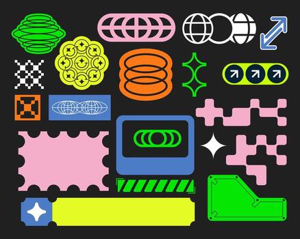 Label symbol element retro futuristic collection set bundle sticker y2k clip art editable vector