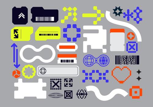 Label symbol asset element retro futuristic collection set bundle sticker y2k clip art editable vector