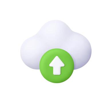 blanco nube con un verde circulo y blanco hacia arriba subir descargar flecha. datos transferir, nube almacenamiento, nube informática, digital almacenamiento y en línea apoyo concepto. 3d icono. dibujos animados mínimo estilo. vector