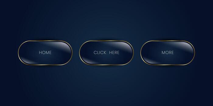 Set of web buttons in Sleek black luxury button with golden edges and elegant-Click Here-text, perfect for premium web interfaces. illustration vector
