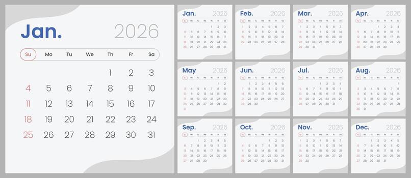 Modern desk calendar template for 2026. Square 2026 calendar layout. Minimalist monthly calendar design for 2026. vector