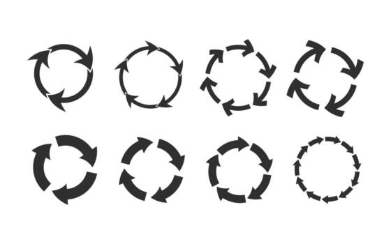 Circle arrow icon set. Set of circle arrows rotating, different circular arrows of black color isolated. Recycle, repeat, refresh icon. vector