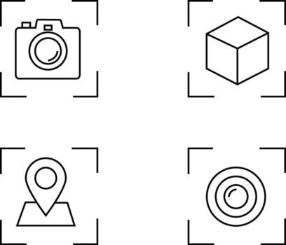 Line icons representing camera, cube, location and lens within focus squares vector