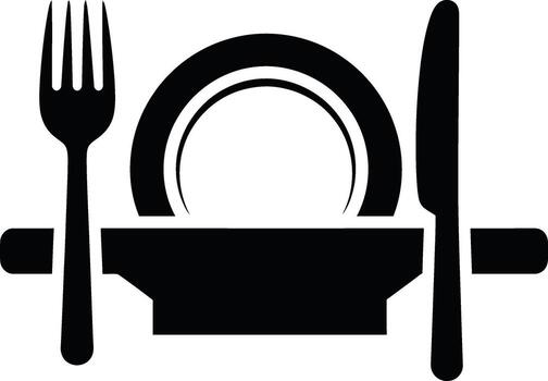 Simple black icon of a place setting with fork knife and plate vector