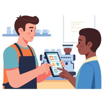 barista Ayudar cliente orden café utilizando tableta en moderno café ajuste vector
