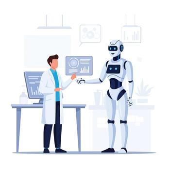 Scientist shaking hands with modern AI robot in lab for future tech vector