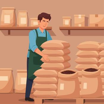 trabajador apilado café frijol sacos en almacén para eficiente distribución vector