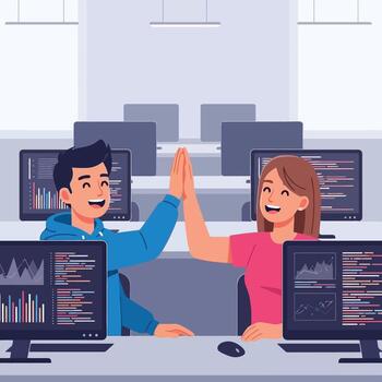 Dynamic team celebrating coding success with high five in modern office vector