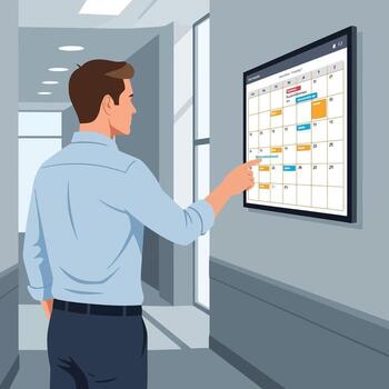 Man planning appointments using calendar in office hallway for deadlines vector