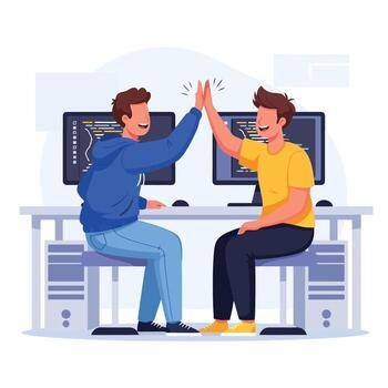 Two programmers celebrating code success with high five in modern office vector