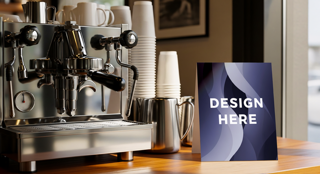 menù modello in piedi su contatore accanto caffè espresso macchina per bevanda design psd