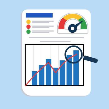 Business Data Analysis Report with Growth Chart, Performance Gauge, and Magnifying Glass vector