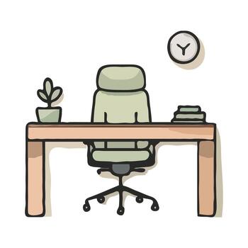 Hand-drawn illustration of a minimalist empty office desk and chair with a potted plant and stack of books, set in a clean workspace. vector