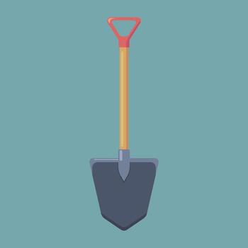 Minimalist and modern illustration of a shovel. Features a triangular handle and a sharp steel blade, perfect for gardening icons, construction, or tool illustrations in graphic design vector