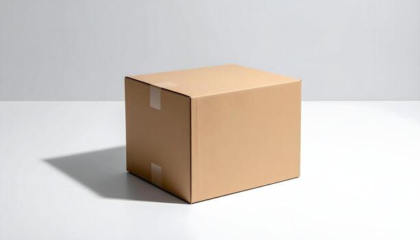 Sealed Cardboard Box on White Surface with Subtle Shadow photo