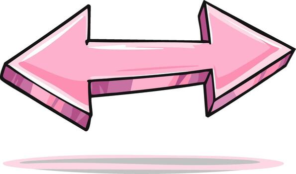 Pink bidirectional arrow pointing left and right with a shaded effect and a subtle ground shadow vector