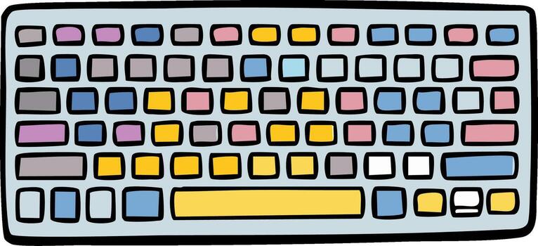 Playful doodle style computer keyboard with multi-colored blank keys, technology illustration vector