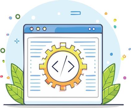 Web development programming and coding in browser window with settings gear vector