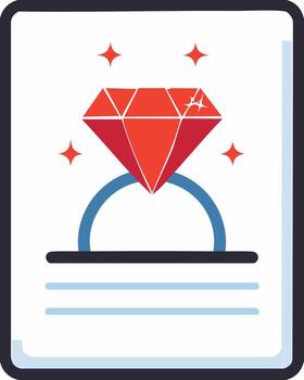 resumen gráfico de un anillo con un grande rojo diamante y destellos encima un documento vector