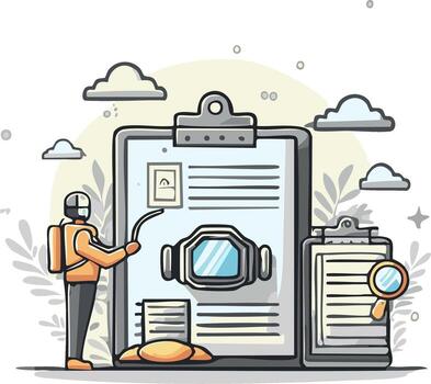 Illustration of a scientist inspecting a medical device on a clipboard and document vector