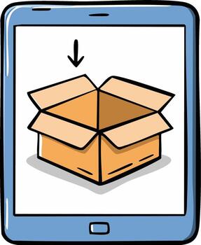 Digital delivery of an open cardboard box shown on a tablet screen with a download arrow vector