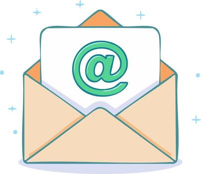 Hand drawn email concept with at symbol in an open mail envelope vector