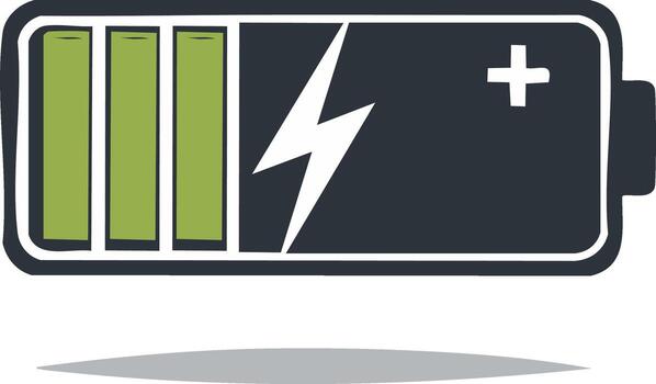 Electric battery icon displaying three quarters charge level with a lightning bolt symbol vector
