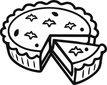 Homemade round pie with crust edge and wedge cutout showing the filling design line drawing illustration vector