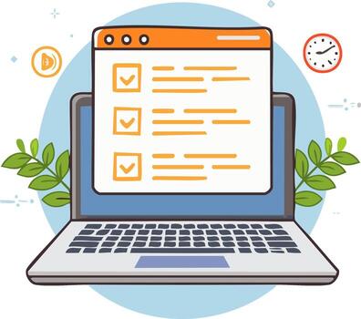 ordenador portátil pantalla mostrando un digital Lista de Verificación con terminado Tareas y hora administración íconos vector