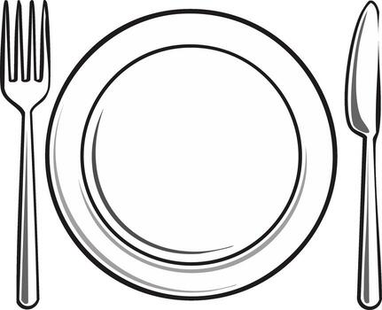 Empty Plate Setting Line Art with Fork and Knife for Place Setting, Dinnerware vector